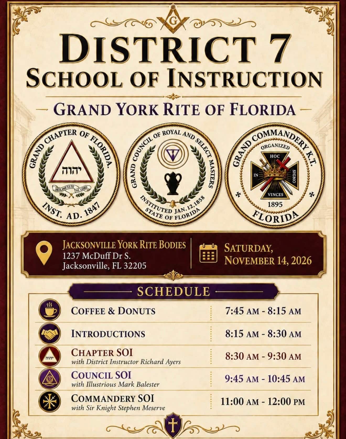 Grand York Rite Bodies of Florida District No. 7 School of Instruction Flyer
