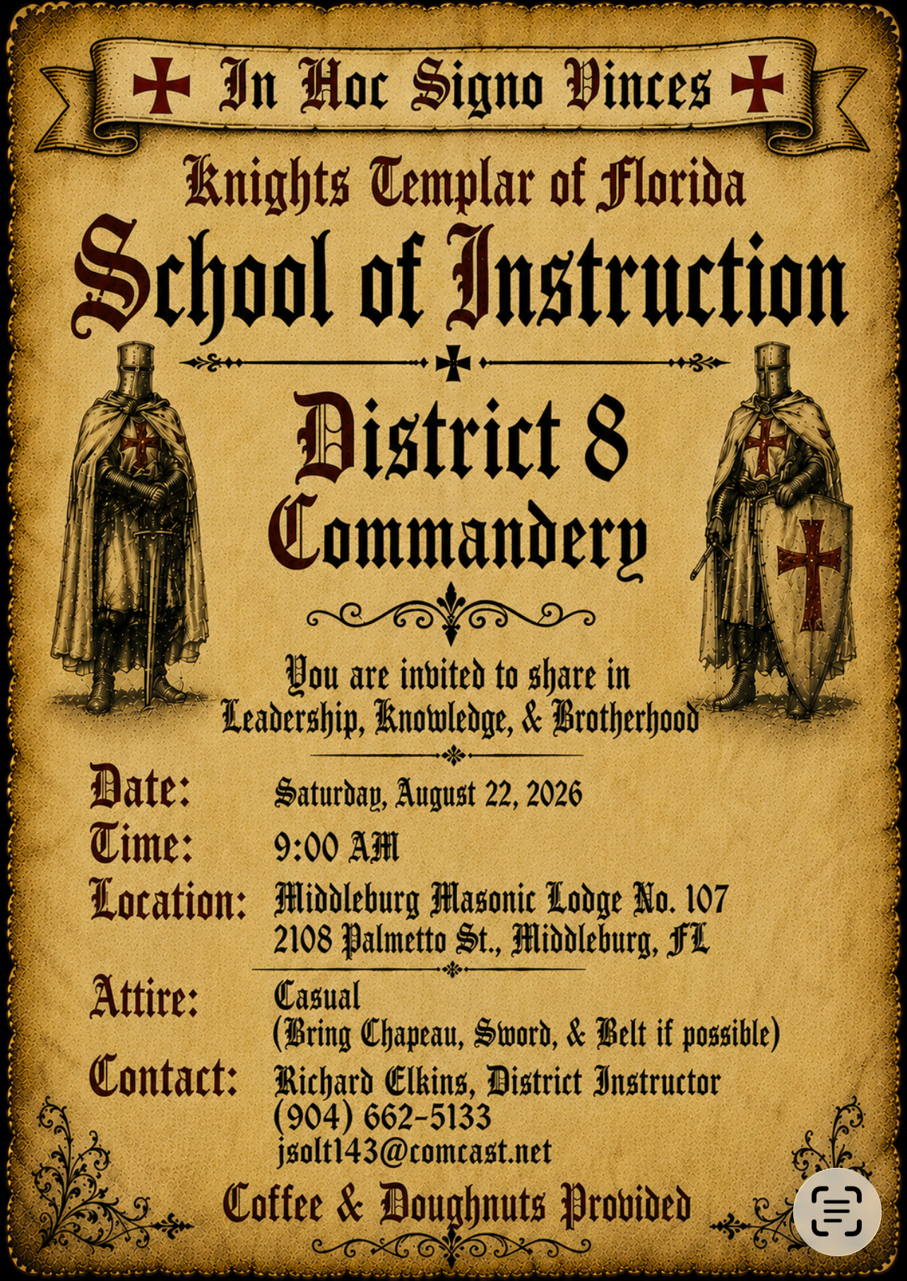 Grand Commandery of Knights Templar of Florida District No. 8 School of Instruction Flyer